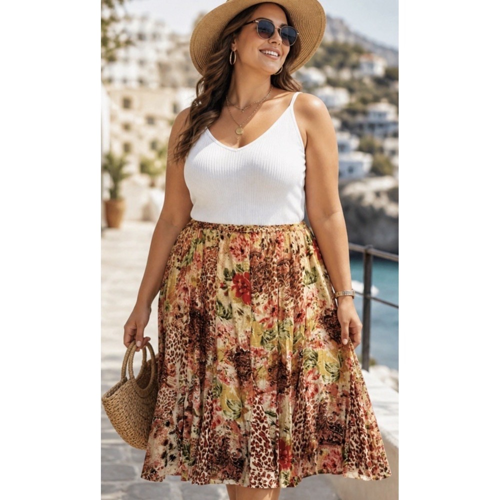 Bila Floral Animal Patchwork Print Gauzy Midi Skirt‎ Size L Flowy Travel Resort